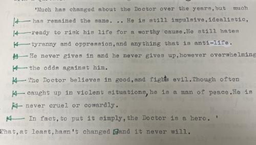 The character outline for The Doctor, written by Terrance Dicks